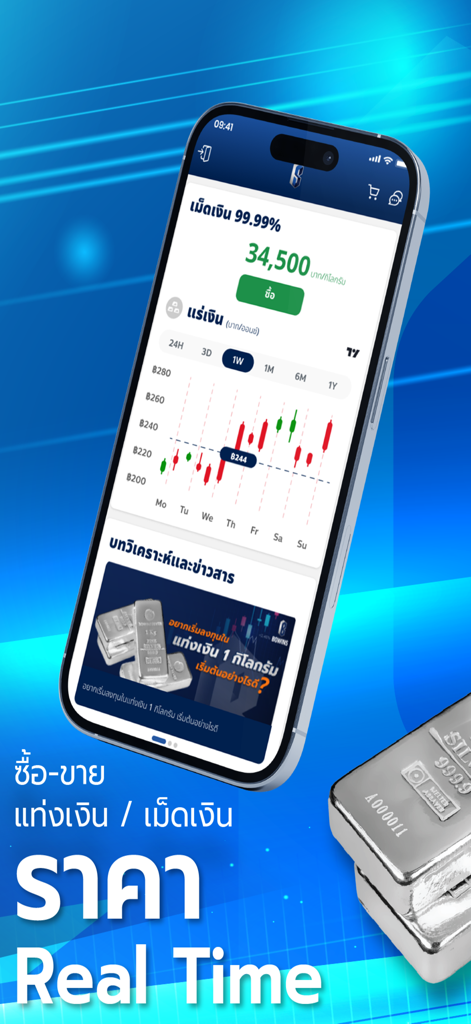 SILVER NOW by Bowins Silver - Mobile app interface showing real-time silver trading prices and a candlestick chart