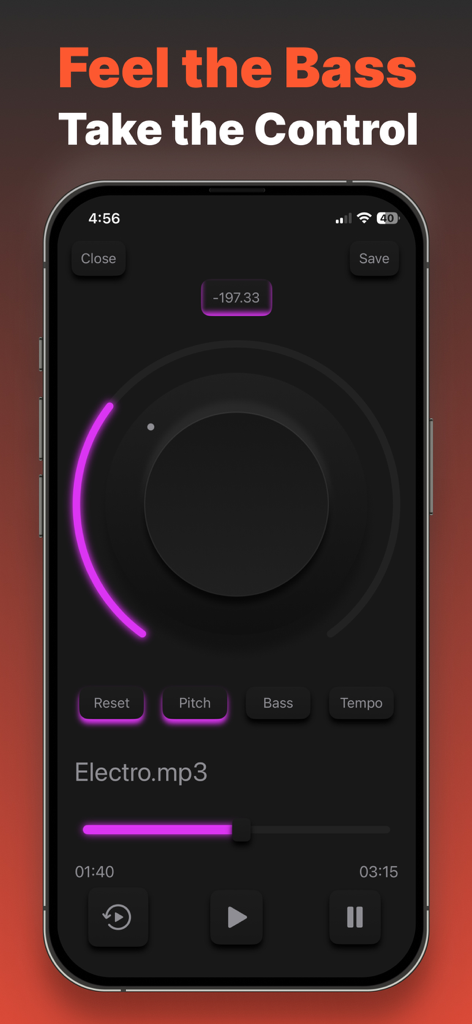Bass Booster Volume Booster - Interfaz de usuario de la aplicación Bass Booster Volume Booster que muestra ajustes de tono y graves
