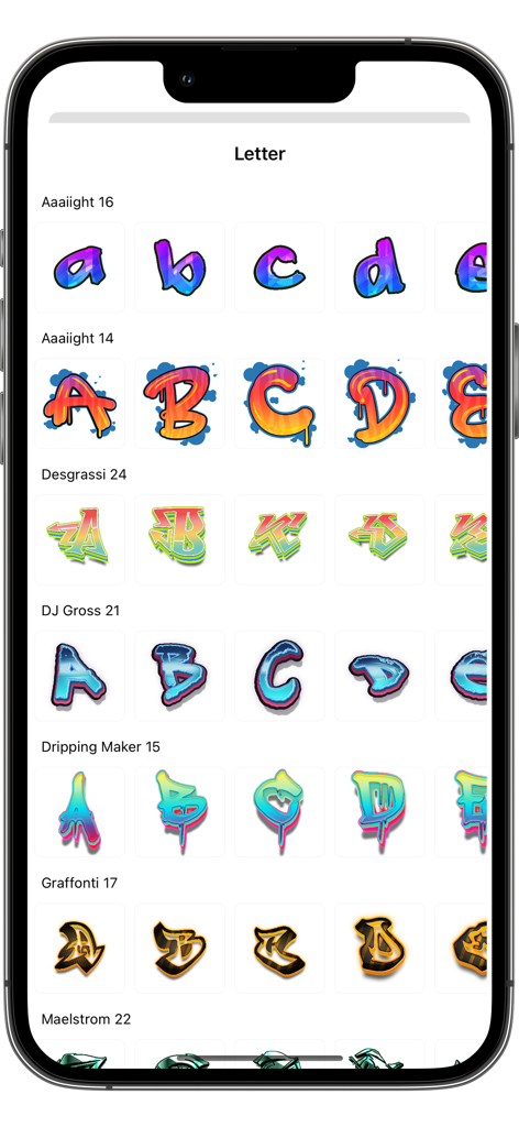 Graffiti Logo Maker - Una pantalla que muestra varios estilos de fuentes de graffiti coloridas y letras del alfabeto en la app Creador de Logos de Graffiti