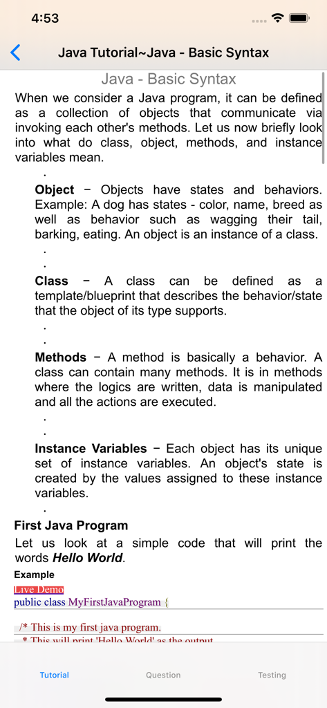 Un écran mobile montrant un tutoriel Java sur la syntaxe de base avec des définitions pour les objets et les classes