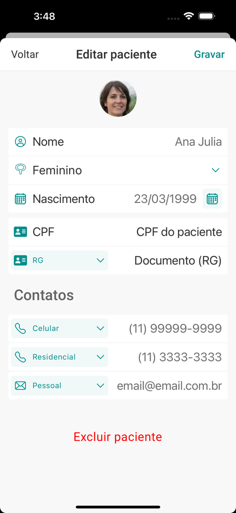 Tela de edição de paciente no aplicativo EasyDental Mobile mostrando detalhes de perfil e contato