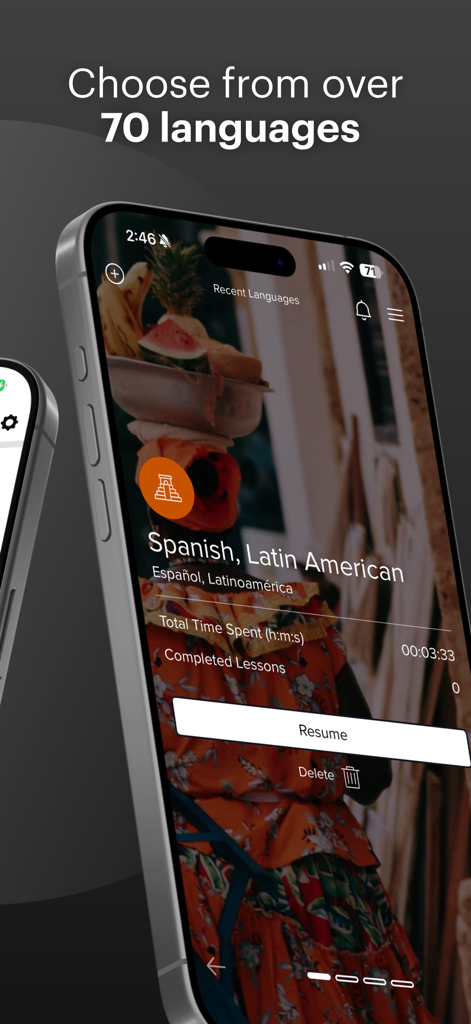 Mango Languages: Learning - Smartphone screen showing the Mango Languages app with a Latin American Spanish course and a headline stating seventy plus languages available