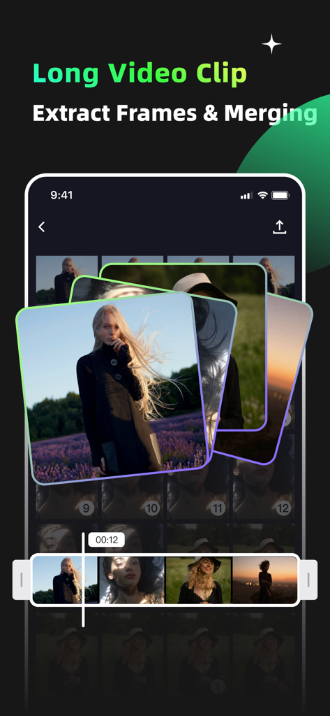 GIF Maker & Editor Pro - Interface of the GIF Maker app showing frame extraction and merging from a long video clip