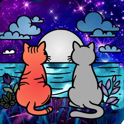 two cats sitting side by side watching a sunset