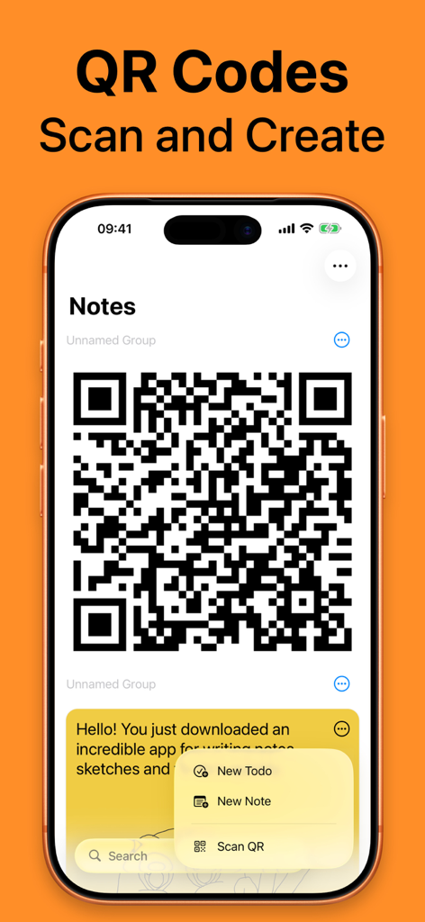 Sticky Note Widget. Stickies - Interfaz de la aplicación Sticky Note que muestra un código QR y opciones de escaneo en un iPhone.