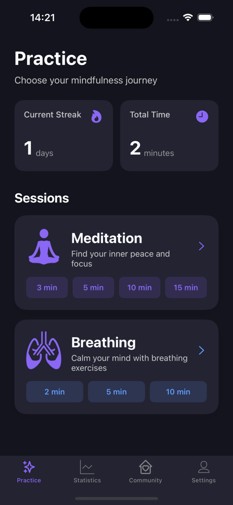 毎日の連続記録追跡を備えた瞑想と呼吸セッションのオプションを示すOwenコミュニティアプリの練習画面