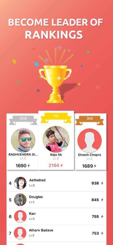 Push Up Challenge - Push Ups - Push Up Challenge app leaderboard showing top user rankings with a golden trophy