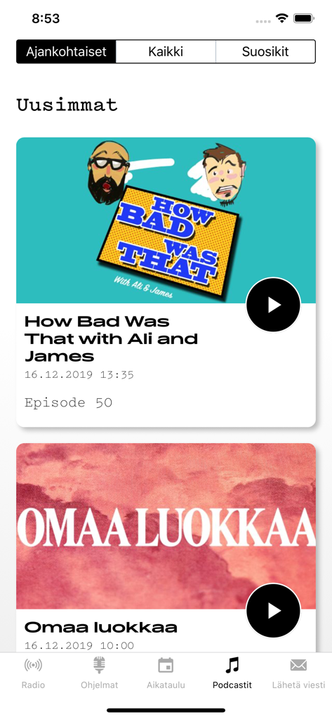Radio Helsinki - A list of podcast episodes in the Radio Helsinki mobile app showing curated shows like How Bad Was That and Omaa luokkaa.
