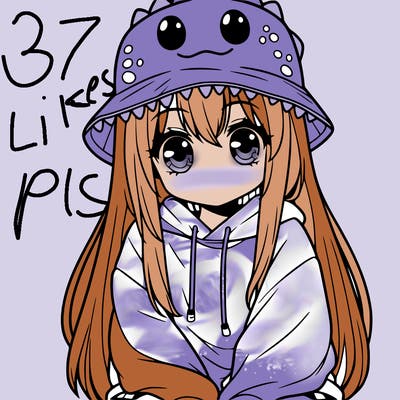 girl with anime shaped eyes with a dinosaur bucket hat oversized sweatshirt long straight hair