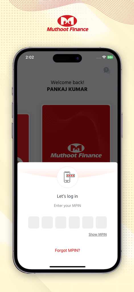 iMuthoot mobile app login page with MPIN entry for secure access to financial services