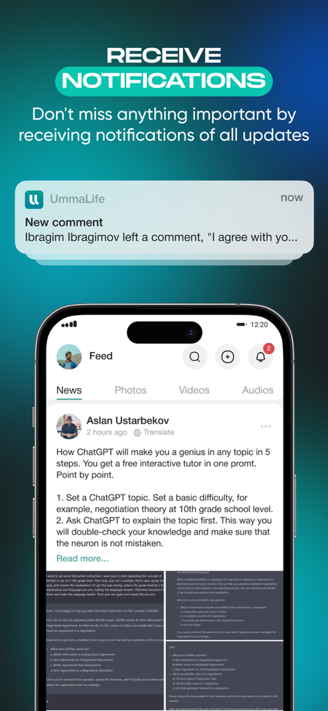 Uno screenshot dell'interfaccia dell'app Umma Life che mostra una notifica push e un feed di notizie della community con un post.