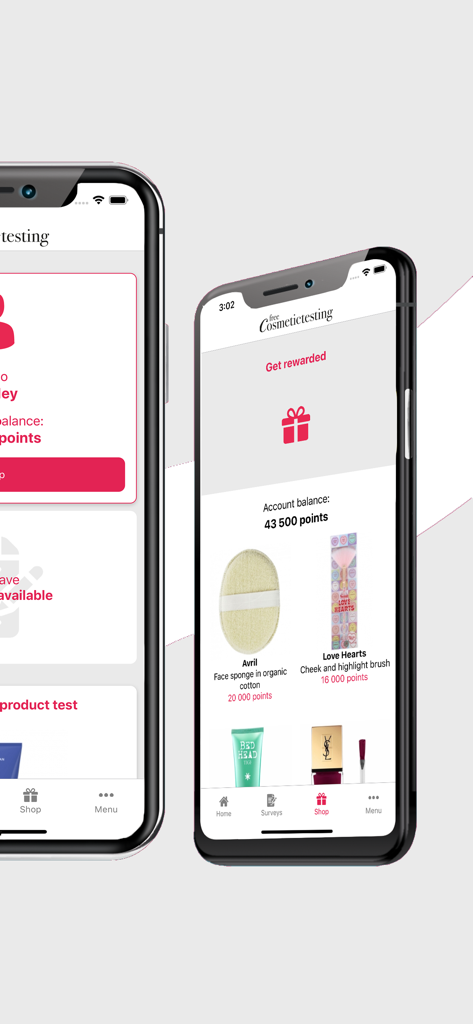 Mobile interface of the Free Cosmetic Testing app showing a points balance and a shop where users can redeem rewards for beauty products like sponges and makeup brushes