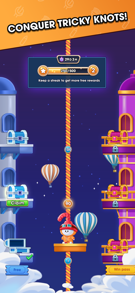 Tangle Rope: Twisted Master - Pantalla del juego Tangle Rope Twisted Master mostrando el progreso de recompensas y los hitos de nivel