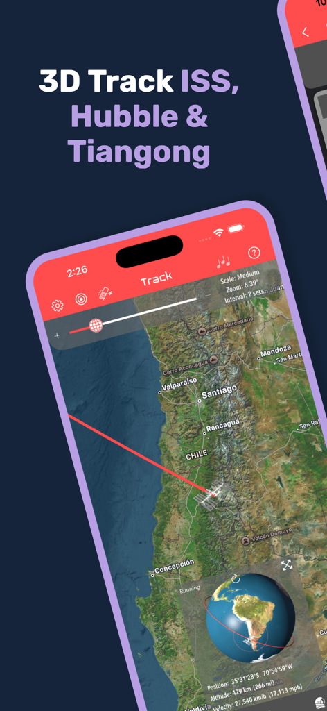 ISS Real-Time Tracker 3D - チリの地図上にライブの衛星軌道を表示するISSリアルタイムトラッカー3Dアプリのインターフェース