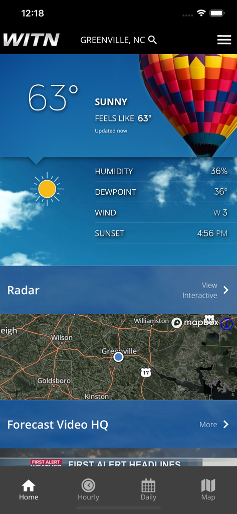 WITN Weather App exibindo tempo ensolarado de 63 graus para Greenville, Carolina do Norte, e um mapa de radar local.