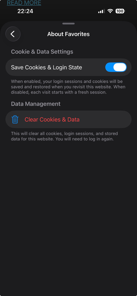 Favorites Private Browser - Cookie and data settings screen in Favorites Private Browser showing login state toggle and data clearing options