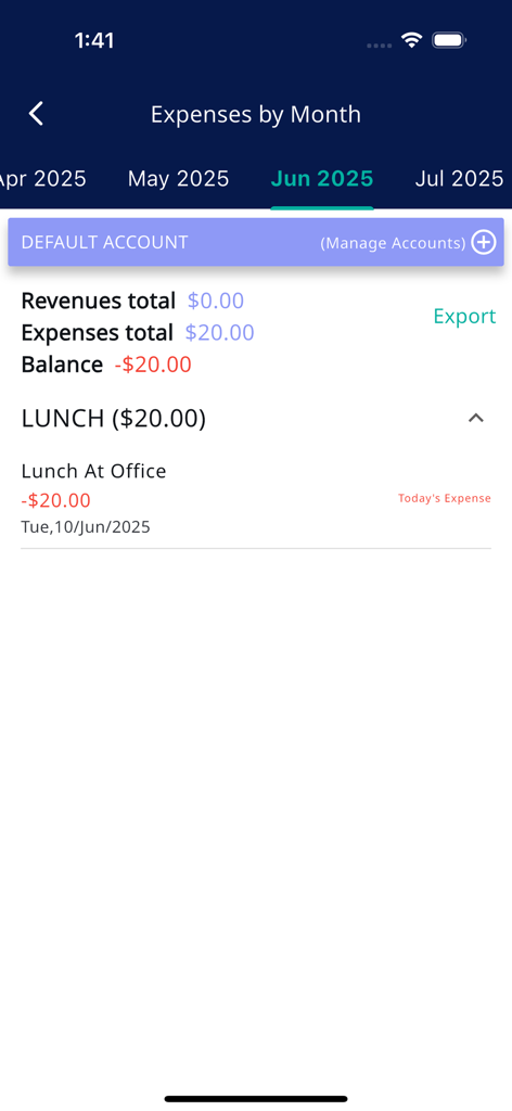 Simple Budget: Expense Manager - Pantalla de resumen de gastos mensuales que muestra una entrada de almuerzo de veinte dólares y el resumen del saldo total para junio.