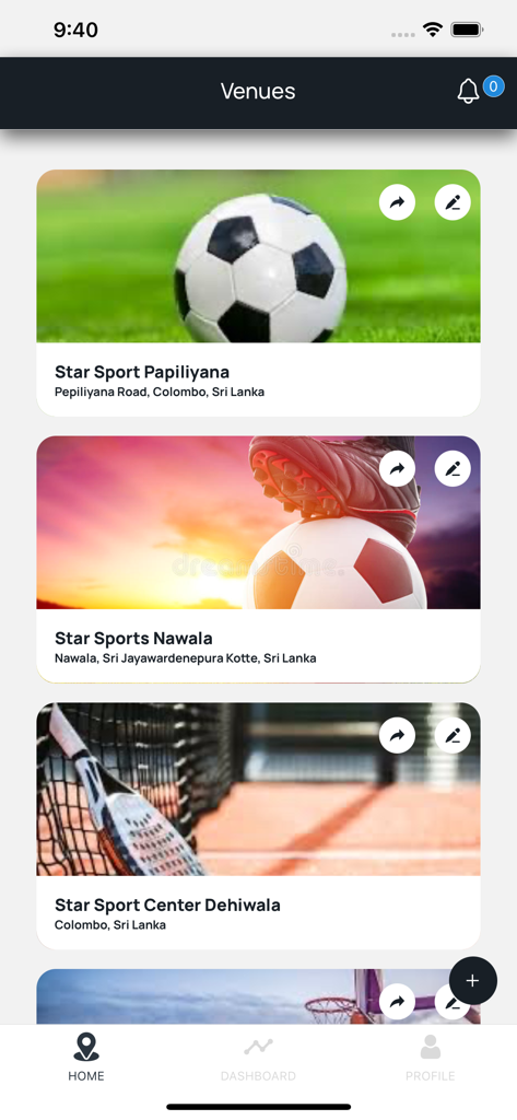 Venues list screen in the Play.Book Provider app showing managed sports facilities for soccer and tennis.