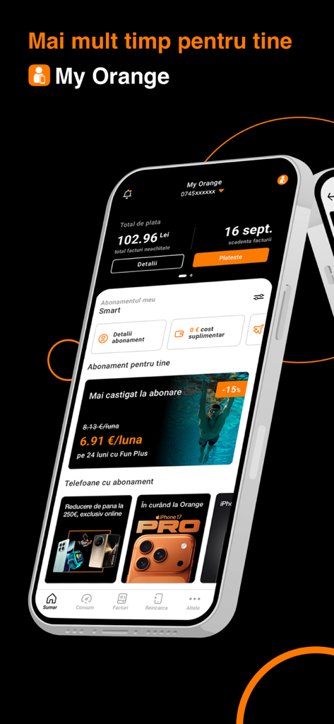 Interface of the My Orange Romania app displaying account summary bill amount and promotional offers on a smartphone