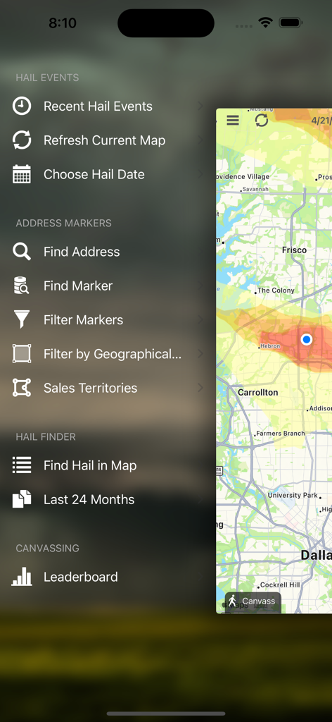 Hail Recon - Side menu of Hail Recon app showing navigation for hail events address markers and canvassing tools over a storm map
