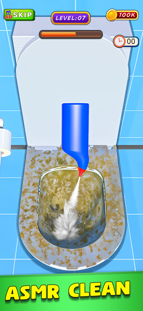 Deep Cleaning ASMR! Clean Up - Una schermata di gioco mobile che mostra una bottiglia blu che spruzza schiuma in una tazza del water sporca per una pulizia profonda ASMR.