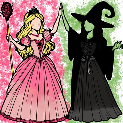 detailed realistic split of a princess and a witch