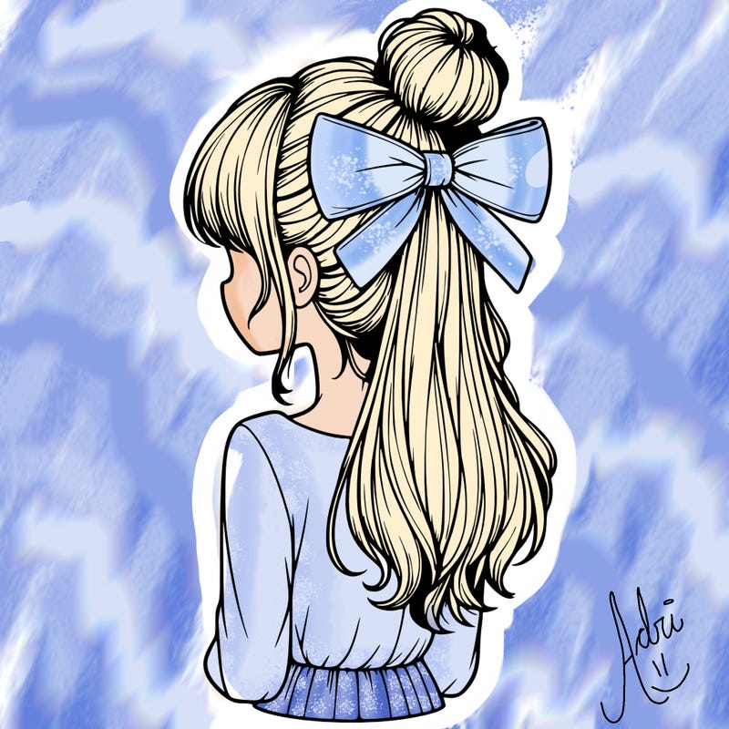 realistic girl  with hip length hair a bun and a big bow on the back of head