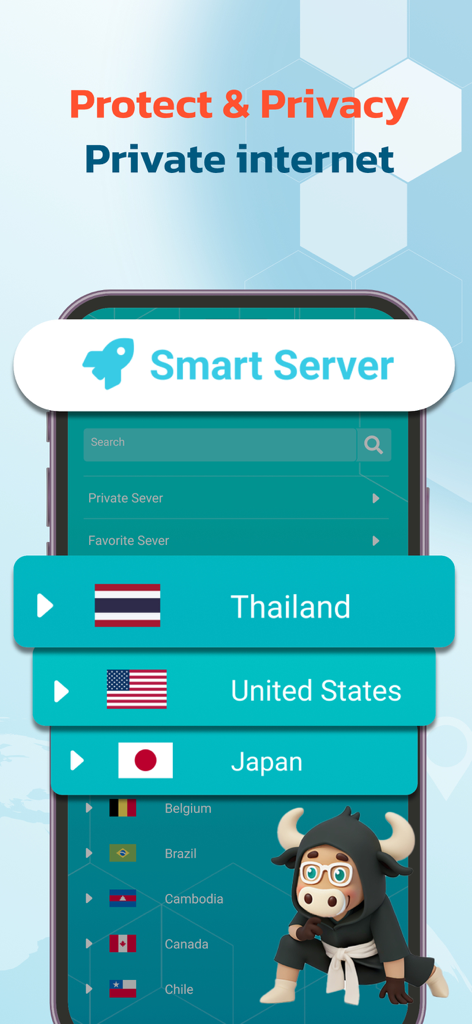 BullVPN - VPN Proxy - Interface de l'application BullVPN montrant la fonctionnalité Smart Server et une liste de localisations de serveurs VPN mondiaux incluant les États-Unis et le Japon.