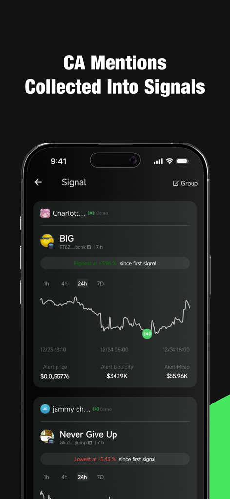Conso - Telegram Web3 Console - A smartphone showing the Conso app interface with crypto contract address signals and token price charts.