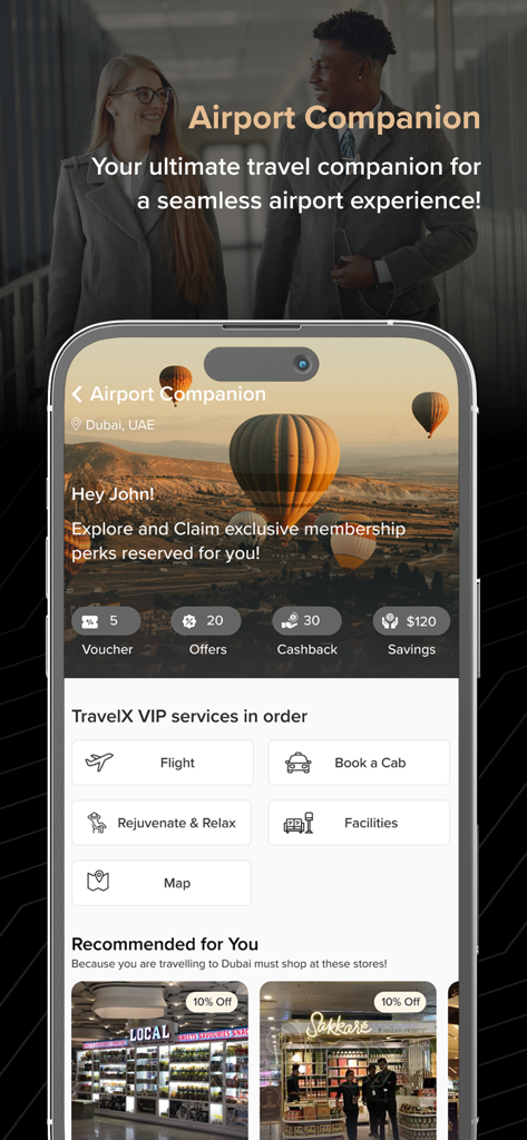 Travel VIP - Travel VIP app showing Airport Companion dashboard with membership perks and travel services in Dubai