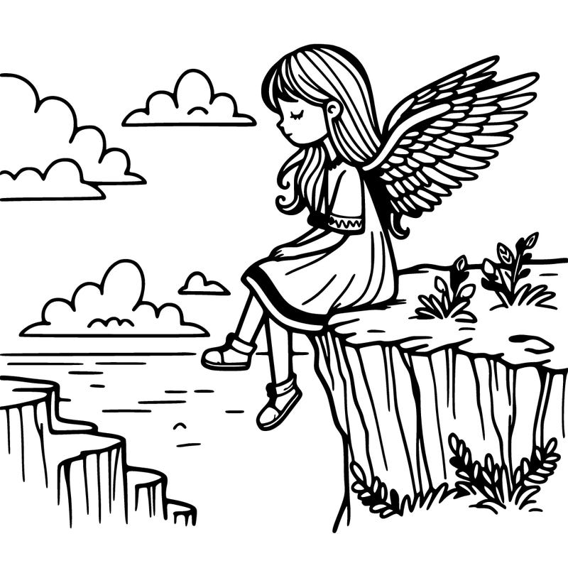 girl with wings sitting on the edge of a cliff