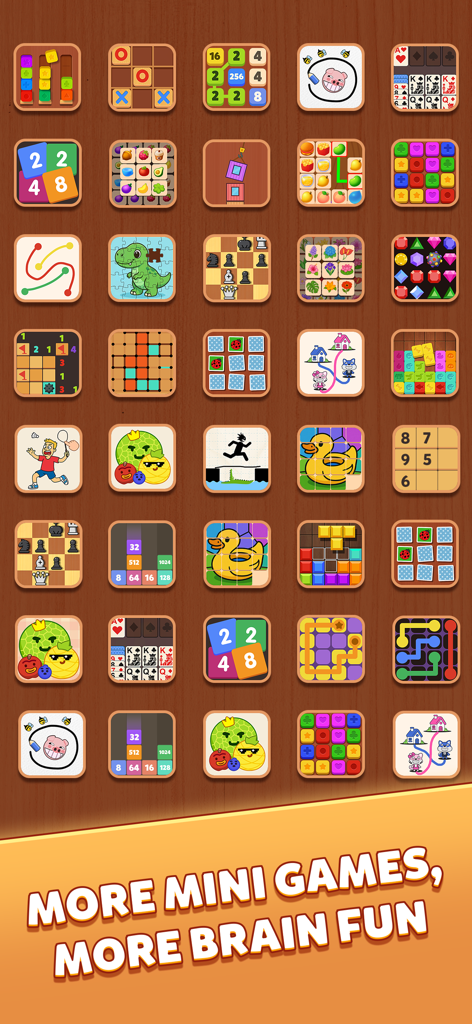 Calm & Chill Games: No Wifi - Una diversa cuadrícula de minijuegos de lógica y entrenamiento cerebral con una estética de madera natural.