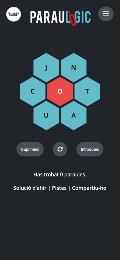 Paraulògic Oficial - Interfaz del juego de puzle de palabras en catalán Paraulògic con una cuadrícula hexagonal de letras.
