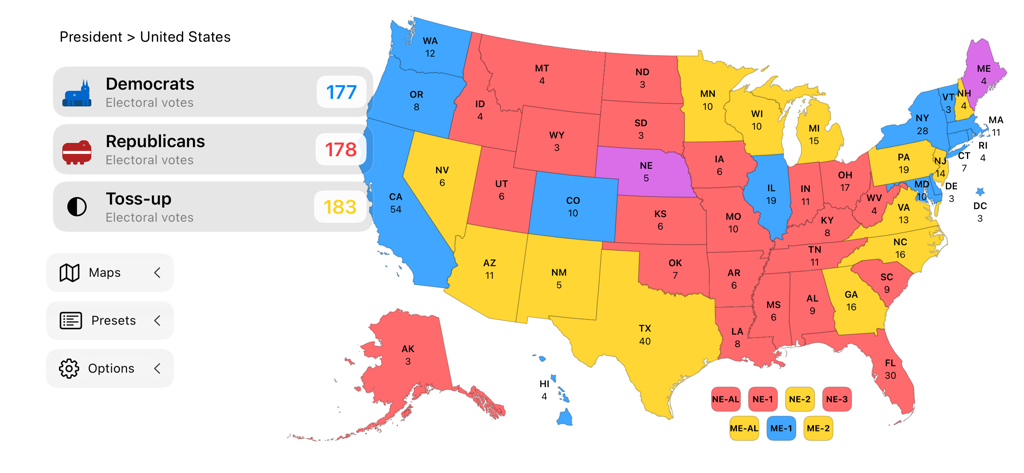 US Election Simulator - Interactive US presidential election map showing electoral vote distribution for Democrats Republicans and toss up states