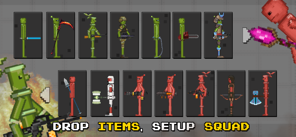 Battle Playground - Pantalla de configuración de escuadrón en Battle Playground que muestra una selección de unidades ragdoll rojas y verdes con varias armas y armaduras.