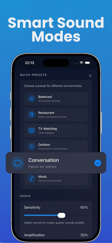 Hearing Aid - Sound Booster - Pantalla de iPhone mostrando preajustes de modo de sonido inteligente como Restaurante y Conversación en la aplicación Hearing Aid.
