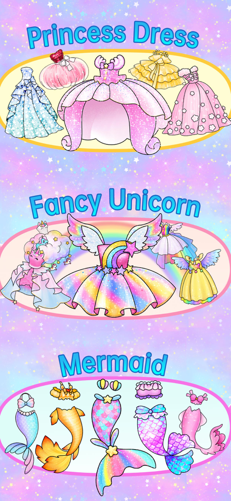 A menu featuring princess dresses, fancy unicorn outfits, and mermaid tails for digital coloring and design.