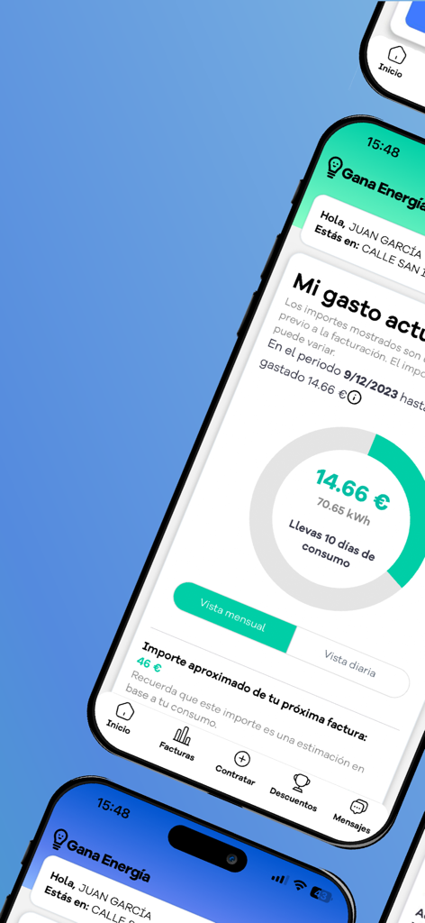 Gana Energia - App clientes - Gana Energia mobile app interface displaying energy consumption data and estimated billing costs on a smartphone screen