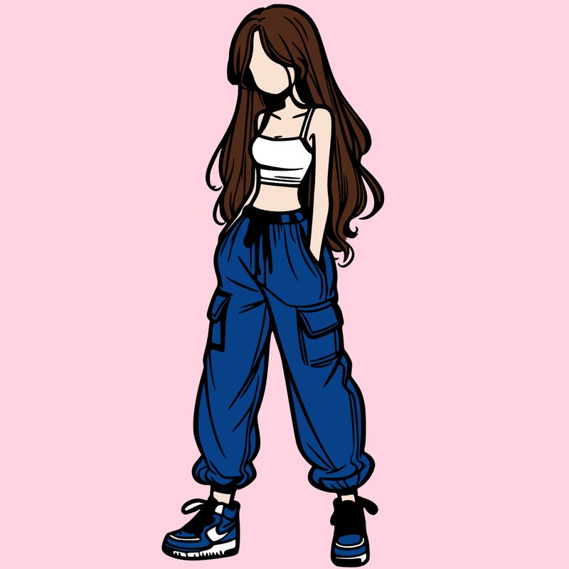 girl in baggy pants crop top and long hair