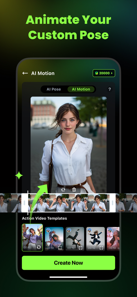 AI Catch: AI Video Generator - AI Catch app interface showing the AI Motion tool to animate photos using action video templates