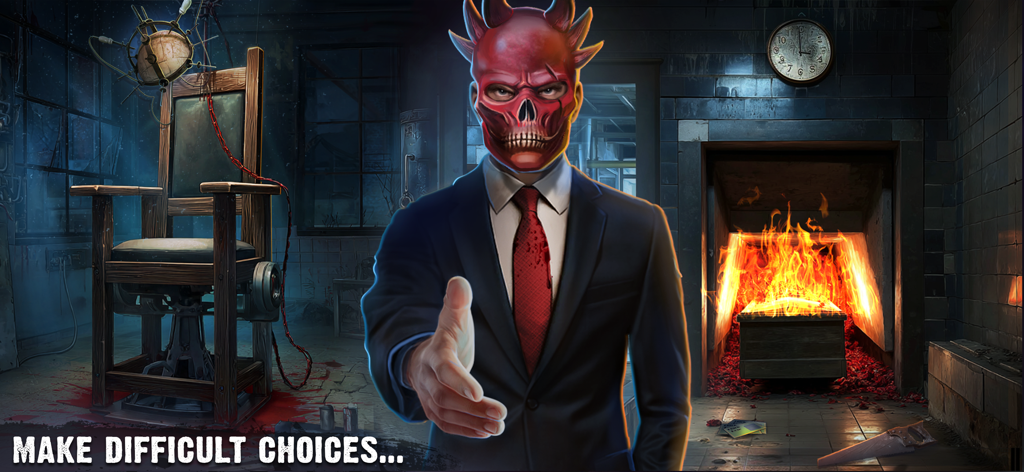 A man in a suit and a red devil mask offering a handshake between an electric chair and a burning coffin in an escape room.