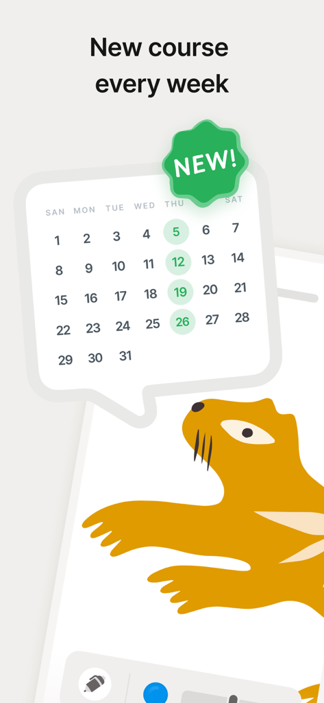 Skribly: Draw with friends - A calendar showing new weekly drawing lessons in the Skribly app next to a cartoon illustration