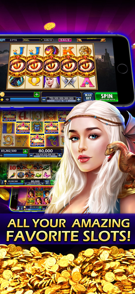 Royal Jackpot Slots & Casino - Promo image for Royal Jackpot Slots and Casino featuring a dragon themed game and a pile of gold coins.