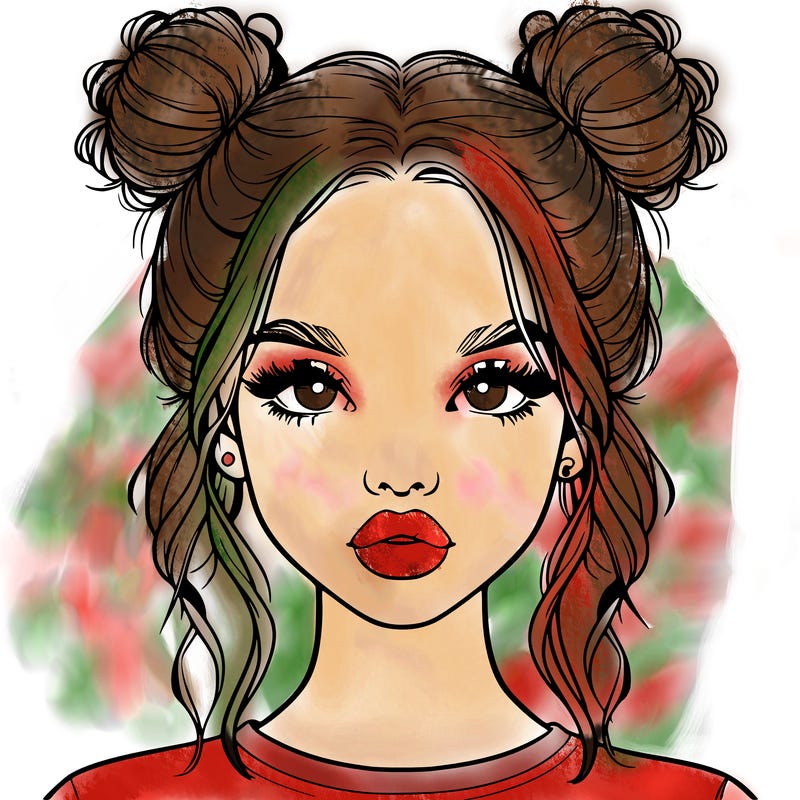 realistic girl with two buns in hair and lips