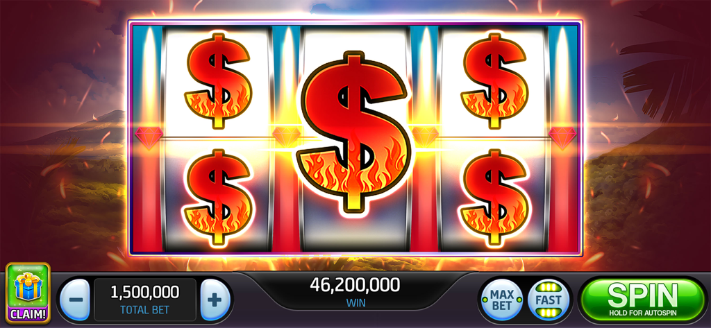 Slots Blastゲームインターフェース、炎のようなドル記号の大きな勝利コンビネーションを表示