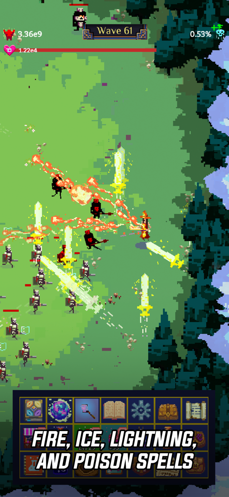 Tap Wizard 2: Idle Magic Game - Pixel art wizard casting elemental spells in Tap Wizard 2