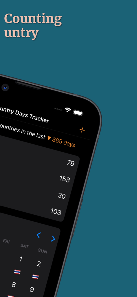 Interface of Country Days Tracker app showing days spent per country and a calendar with travel flags