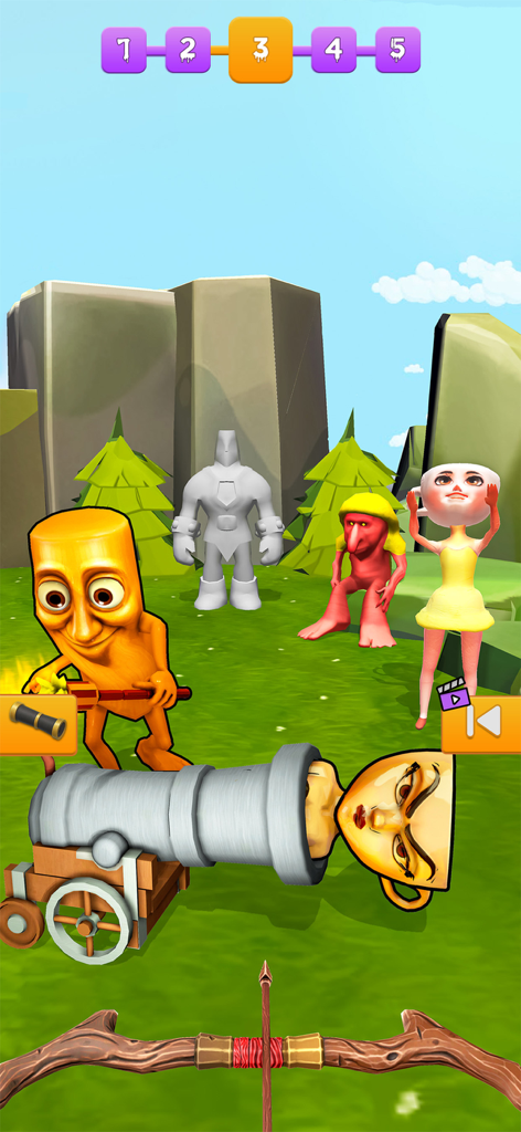 Eine Ego-Ansicht, die auf urkomische Charaktere und eine Kanone im Rapid Punch Hero Spiel zielt.