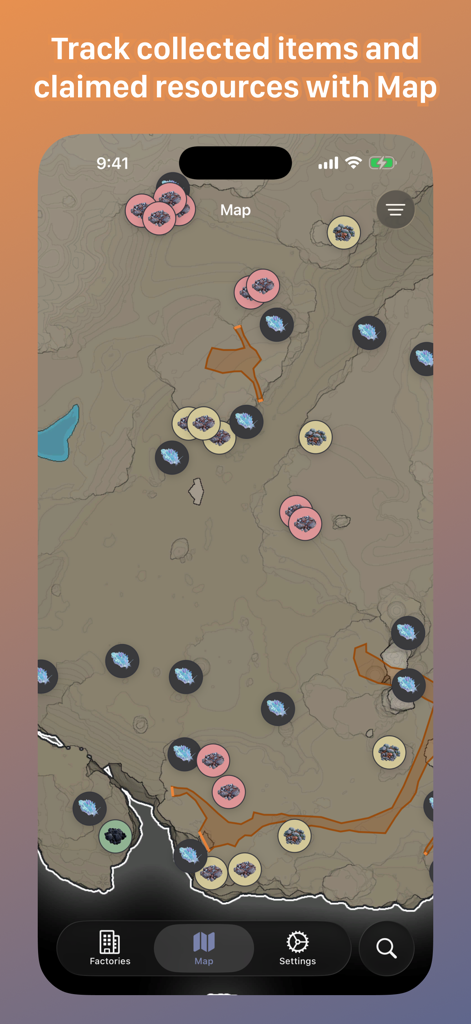 Satisfactory Helper - Satisfactory Helper app map interface showing resource locations and collected items