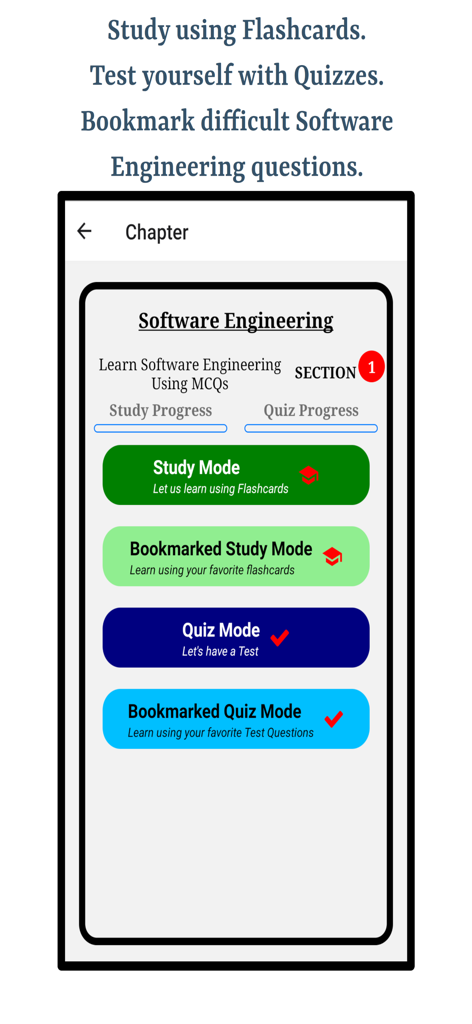 Learn Software Engineering - Interface of the software engineering app showing various learning modes including study flashcards, quizzes, and progress indicators.